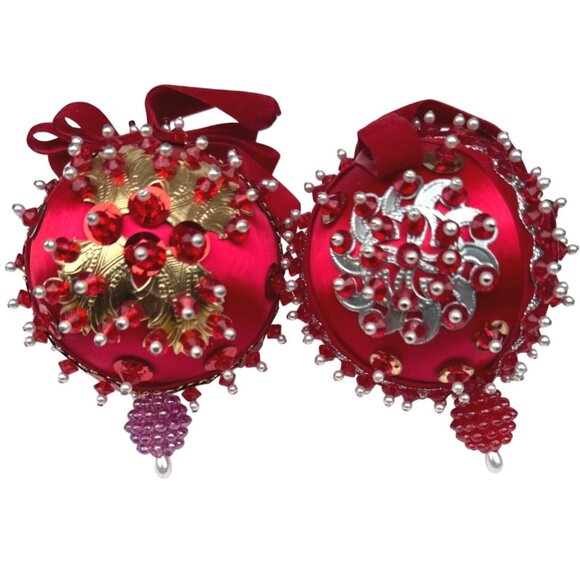 Vintage Red Satin Beaded Push Pin Christmas Ornament Handmade 2 Mid Century - Picture 2 of 12